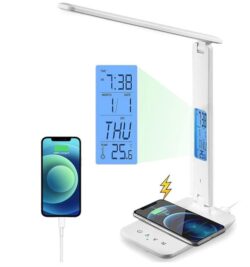 NNEDSZ LED Desk Lamp with Fast Wireless Charger Clock Alarm Date Temperature