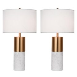 NNESYN 2X 60cm White Marble Bedside Modern Desk Table Lamp Living Room Shade with Cylinder Base