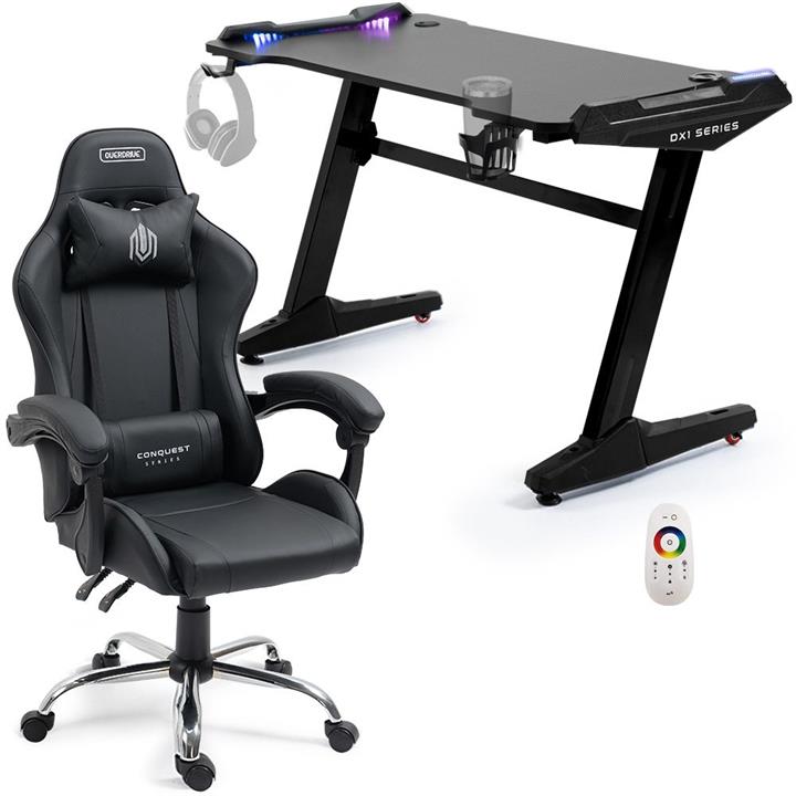 OVERDRIVE Gaming Office Chair and Desk Combo, LED-FX Light Effects, USB Outlets, Headset Hanger, Cup Holder, Black