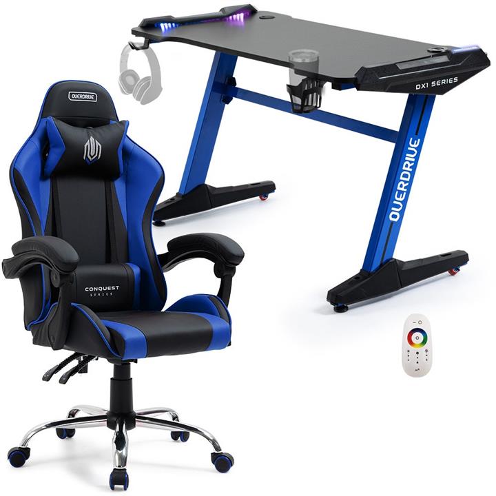 OVERDRIVE Gaming Office Chair and Desk Combo, LED-FX Light Effects, USB Outlets, Headset Hanger, Cup Holder, Black/Blue