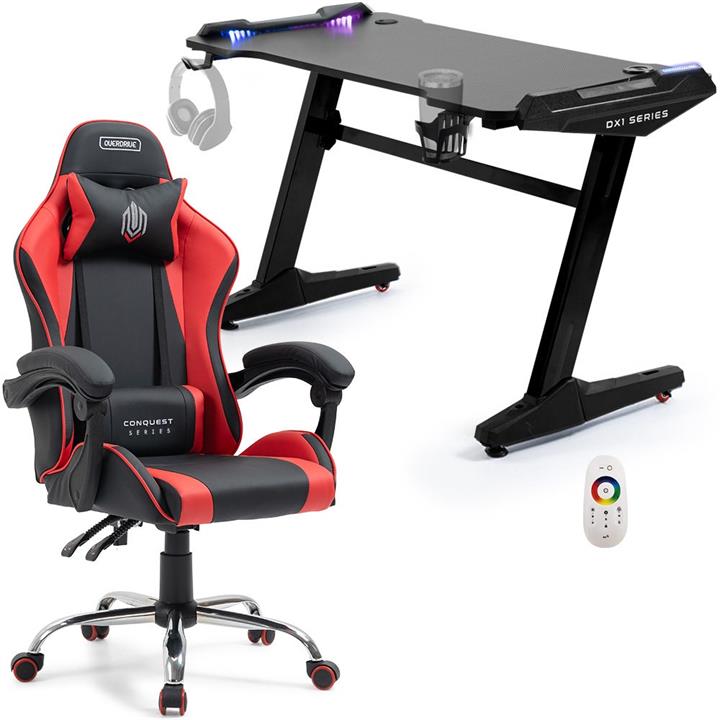 OVERDRIVE Gaming Office Chair and Desk Combo, LED-FX Light Effects, USB Outlets, Headset Hanger, Cup Holder, Black/Red
