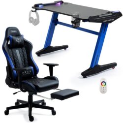 OVERDRIVE Gaming Office Chair and Desk Combo, LED-FX Light Effects, USB Outlets, Headset Hanger, Cup Holder and Footrest, Black/Blue