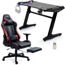 OVERDRIVE Gaming Office Chair and Desk Combo, LED-FX Light Effects, USB Outlets, Headset Hanger, Cup Holder and Footrest, Black/Red