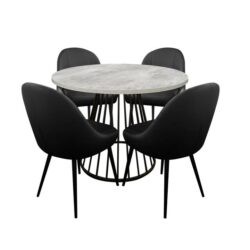 5Pcs Dining Set Matilda Round Faux Cement Dining Table 110cm W/ 4x Soon Dining Chair Black PU