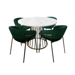 5Pcs Dining Set Matilda Round Faux Marble Dining Table 110cm White Gold Legs W/ 4x Lex Dining Chair Velvet Green