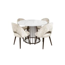 5Pcs Dining Set Matilda Round Faux Marble Dining Table 110cm White W/ 4x Paxton Dining Chair Velvet Beige
