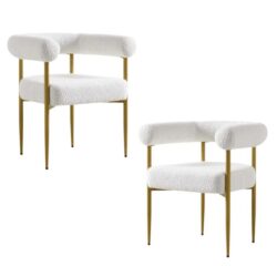 Set Of 2 Kandy Boucle Fabric Kitchen Dining Chair White/Brass