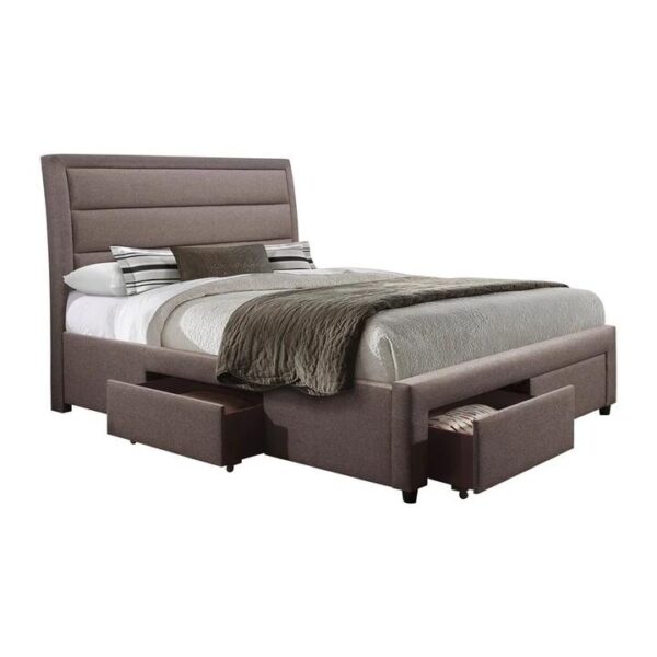 4 Pieces Storage Bedroom Suite Upholstery Fabric in Light Grey with Base Drawers King Size Oak Colour Bed, Bedside Table & Tallboy