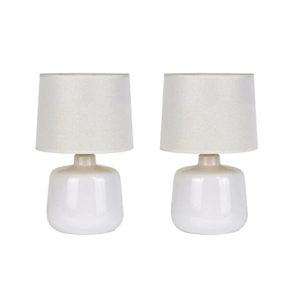 Bright Nurture Set of 2 Minimalist Ivory Ceramic Table Lamp Light Linen Drum Shade - White