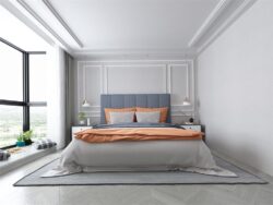 Panelled vertical custom upholstered bed with choice of standard base