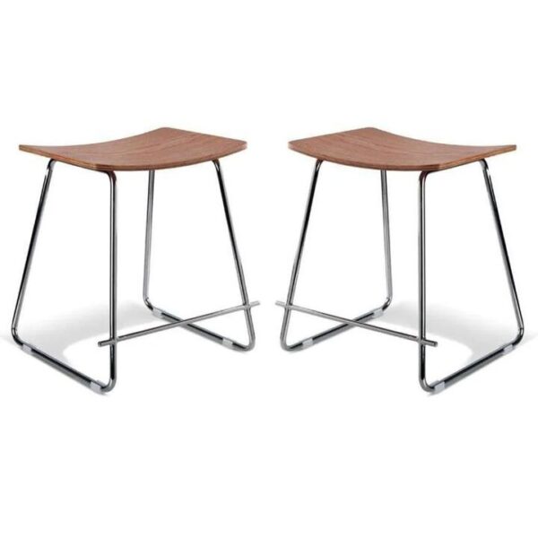 Set of 2 - Porter Nordberg Kitchen Low Stool 47cm - Chrome Frame - Natural Veneer Seat
