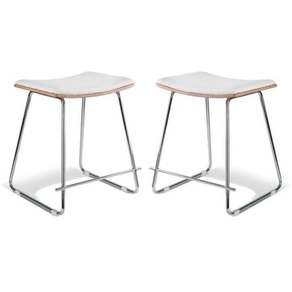 Set of 2 - Porter Nordberg Kitchen Low Stool 48cm - Chrome Frame - Natural Veneer - White Cushion Seat