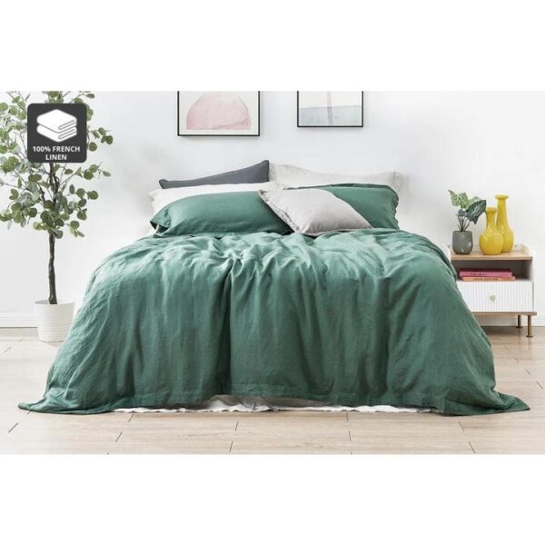100% French Linen Quilt Cover Set - Duck Green, Queen - Queen