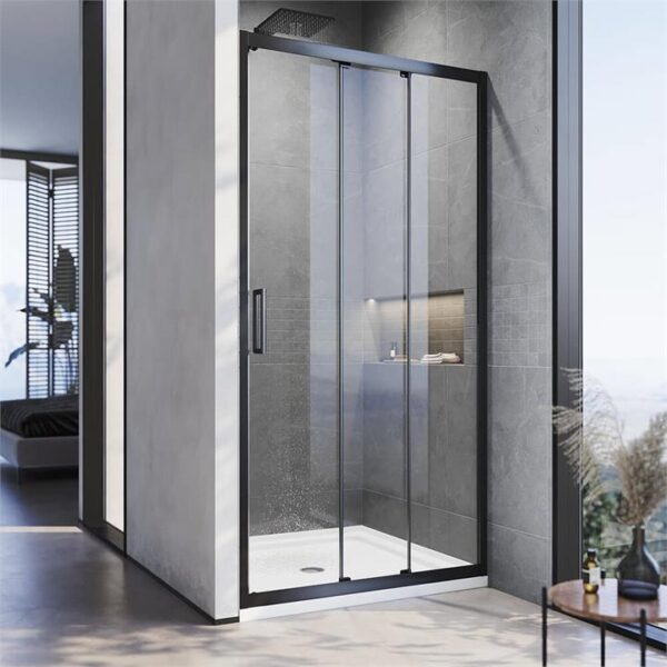 Black Corner 3 Panel Shower Screen Sliding Door Safety Enclosure, 860mm