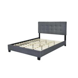 Design Square Linen Fabric Bed Frame King Single Size Button Bed Head Dark Grey