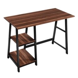 Design Square Office Study Writing Computer Desk Metal Frame W/ 2 Storage Shelves - Dark Brown