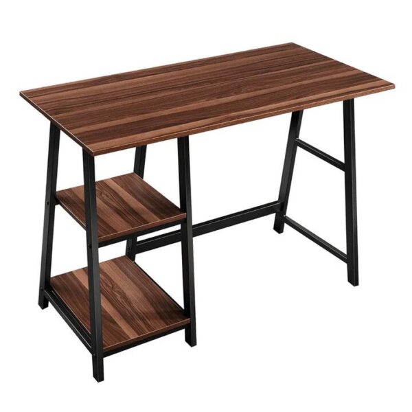 Design Square Office Study Writing Computer Desk Metal Frame W/ 2 Storage Shelves - Dark Brown