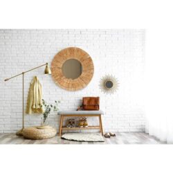 Edie Iron & Hand-Woven Crane Frame Round Wall Mirror - Natural