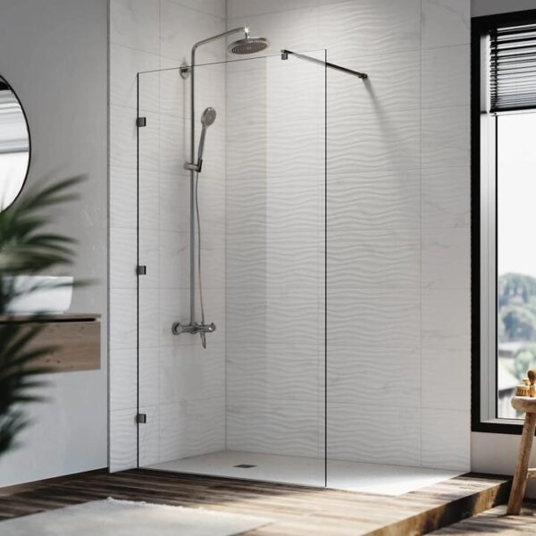 Elegant Showers Walk In Shower Frameless Screen Hinged Black Hardware 10mm Toughened Glass, 1000mm / Yes