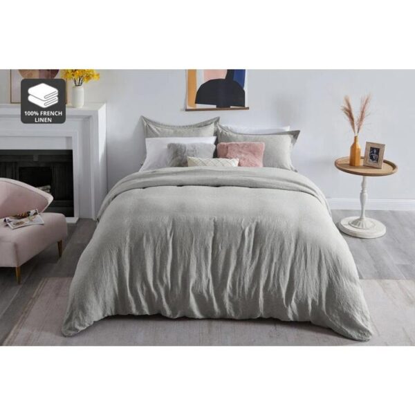 Gabriel French Linen Chambray Quilt Cover Set - Grey, Double - Double