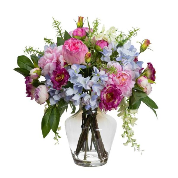 Glamorous Fusion Hydrangea, Peony & Wisteria Mixed Artificial Fake Plant Decorative Arrangement 56cm In Glass