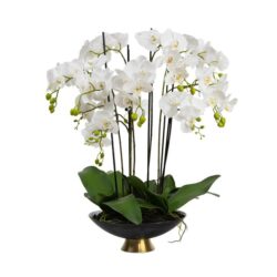 Glamorous Fusion Orchid 80cm Artificial Faux Plant Decorative Arrangement In Black & Gold Stripe Bowl