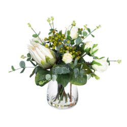 Glamorous Fusion Protea & Rose Mixed Artificial Fake Plant Decorative Arrangement 40cm In Glass Multicolour