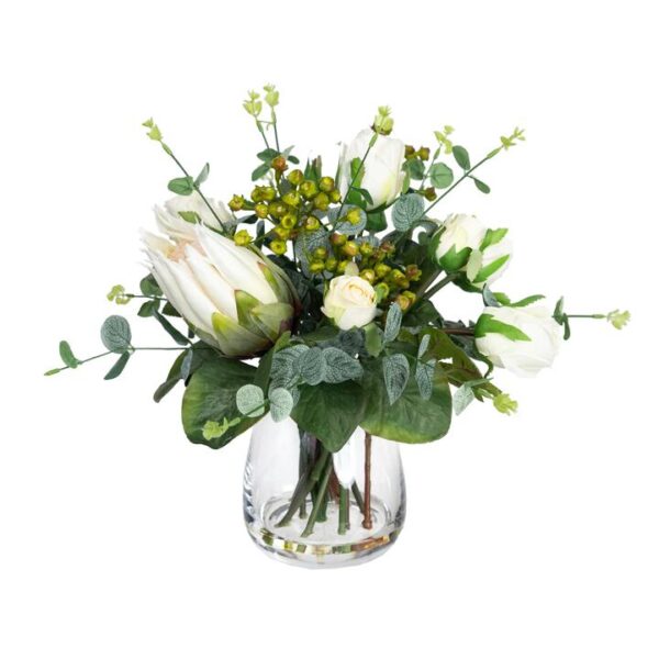 Glamorous Fusion Protea & Rose Mixed Artificial Fake Plant Decorative Arrangement 40cm In Glass Multicolour