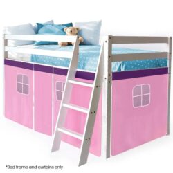 KINGSTON SLUMBER Wooden Kids Single Loft Bed Frame - Hiding Space Underneath with Interchangeable Pink and Blue Curtains