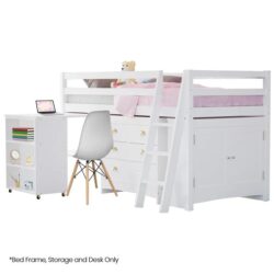 KINGSTON SLUMBER Wooden Kids Single Loft Bed Frame with Pull Out Desk, Storage Drawers, Cabinet - White