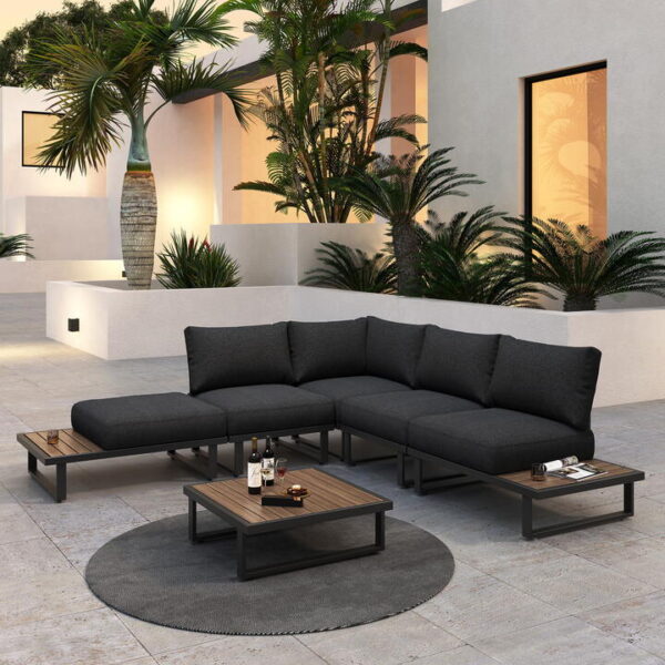 Modern Outdoor 6 Piece Lounge Set with Slatted Polywood Design
