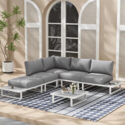 Modern Outdoor 6 Piece Lounge Set with Slatted Polywood Design-white