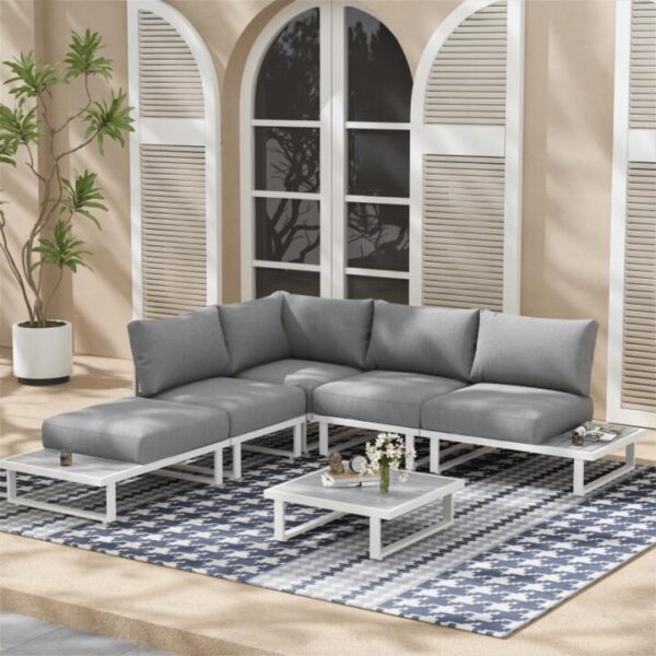 Modern Outdoor 6 Piece Lounge Set with Slatted Polywood Design-white