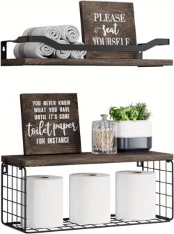NNETM Rustic Charm: Wood Bathroom Shelves with Storage and Towel Bar