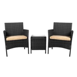 Outdoor Furniture Set Patio Garden 3 Pcs Chair Table Rattan Wicker Cushion Seat Black