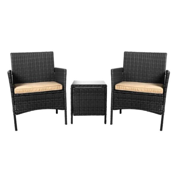 Outdoor Furniture Set Patio Garden 3 Pcs Chair Table Rattan Wicker Cushion Seat Black