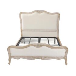 Queen Bed Frame Linen Fabric Beige Oak Wood White Washed Finish Mattress Support