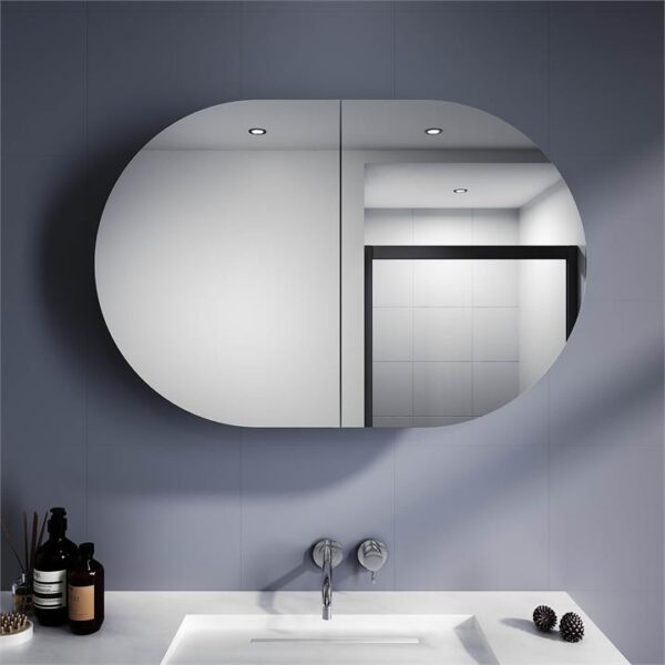 White 900x600mm Oval Mirror Cabinet Medicine Shaving Bathroom Wall Hung or In-wall