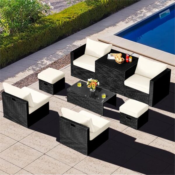 Costway 8 Pieces Outdoor PE Rattan Conversation Set with Washable Cushion Covers-White