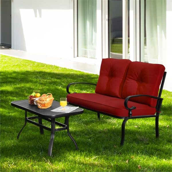 Costway2 Pieces Outdoor Conversation Set with Ergonomic Backrest & Armrest for Balcony & Poolside Red