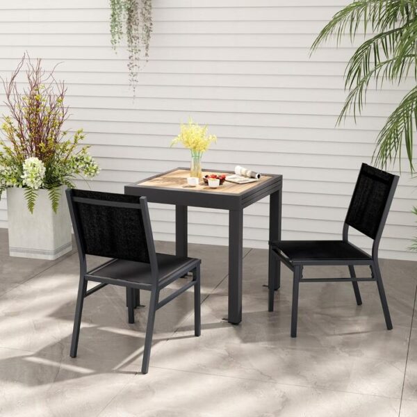 Costway2 Pieces Outdoor Dining Chairs with Breathable Seat and Backrest for Backyard Porch Poolside-Black