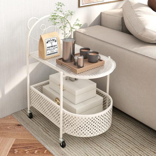 Costway2-Tier Mobile Glass Coffee Table with Bear Pattern and Storage Basket-White