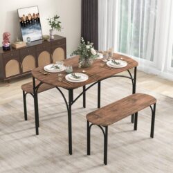 Costway3-Piece 120cm Wooden Dining Table and 2 Benches-Brown