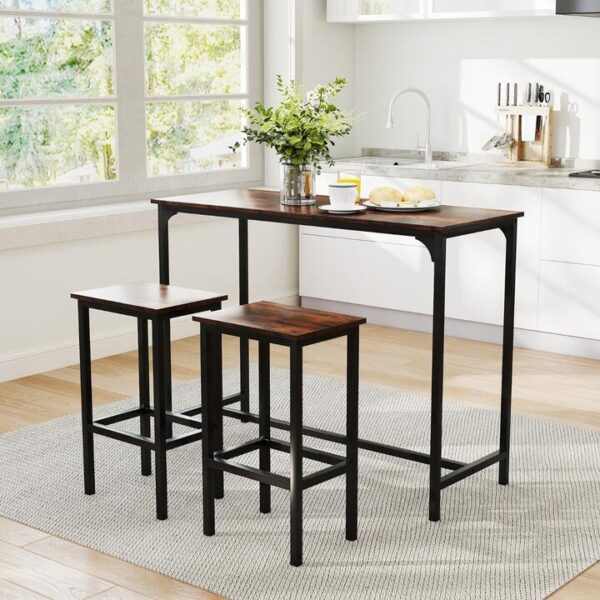 Costway3-Piece Dining Table Set Counter-Height Kitchen Table and 2 Bar Stools-Coffee