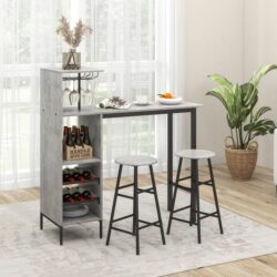 Costway3 Pieces Bar Table and Chair Set with 6-Bottle Wine Racks for Dining Room-Grey