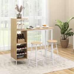 Costway3 Pieces Bar Table and Chair Set with 6-Bottle Wine Racks for Dining Room-Natural