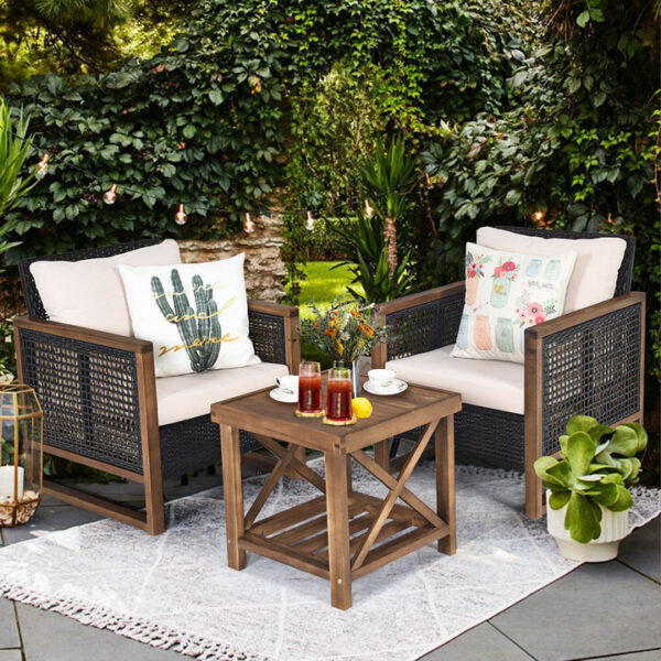 Costway3 Pieces Outdoor Wooden Furniture Bistro Set with Cushioned Sofas