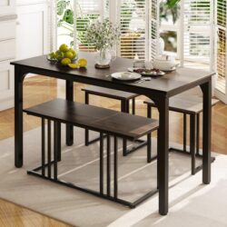 Costway4 Piece Dining Table Set with Bench and 2 Stools for 4 Persons-Oak