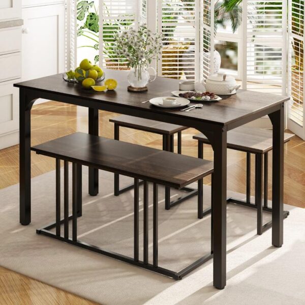 Costway4 Piece Dining Table Set with Bench and 2 Stools for 4 Persons-Oak