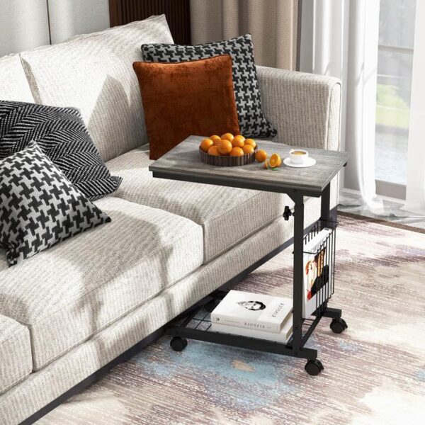 CostwayC-shape Sofa Side Table with Storage Basket for Living Room-Grey